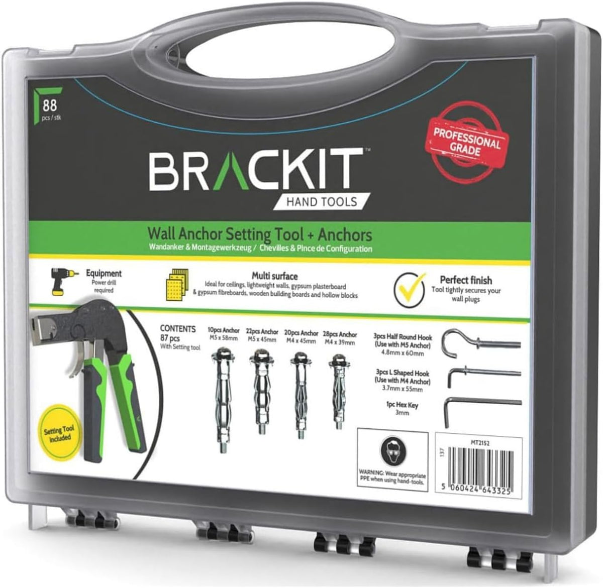 Brackit Plasterboard Fixing 88 Piece Wall Anchor Setting Tool Kit - in Carry Case with Instructions – for Cavity, Drywall & and Wall Mounting Includes Wall Hooks