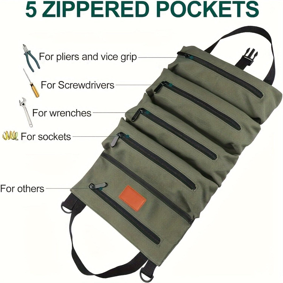 Multi-Pocket Tool Roll Organizer Pouch with 5 Zipper Tool Pockets