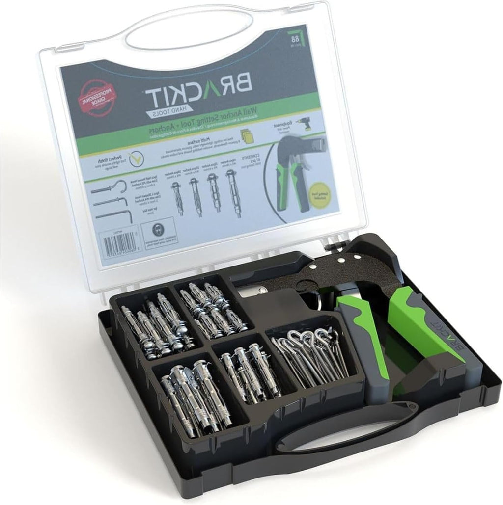 Brackit Plasterboard Fixing 88 Piece Wall Anchor Setting Tool Kit - in Carry Case with Instructions – for Cavity, Drywall & and Wall Mounting Includes Wall Hooks