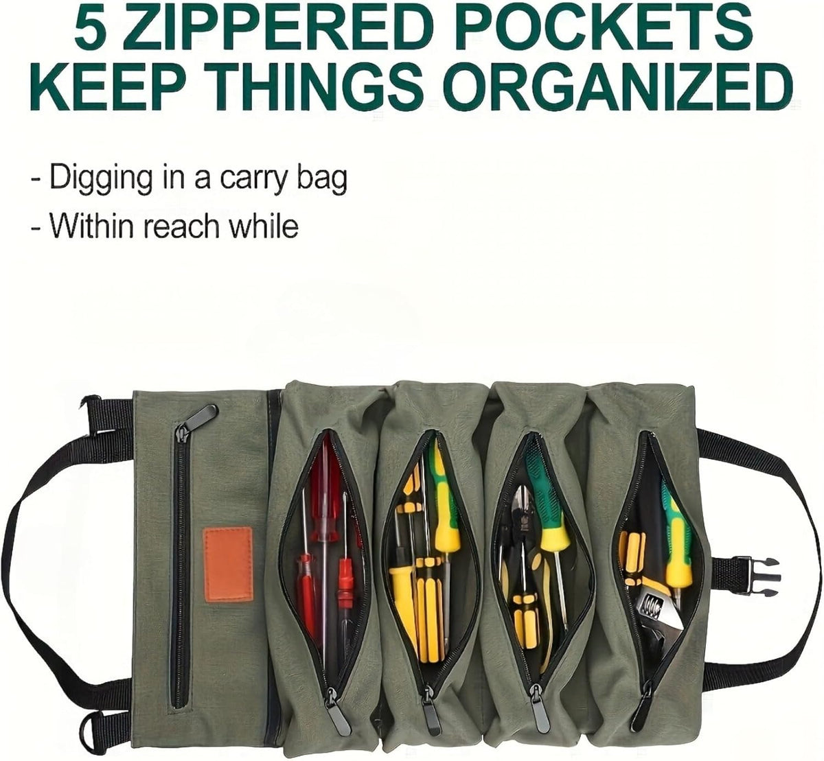 Multi-Pocket Tool Roll Organizer Pouch with 5 Zipper Tool Pockets