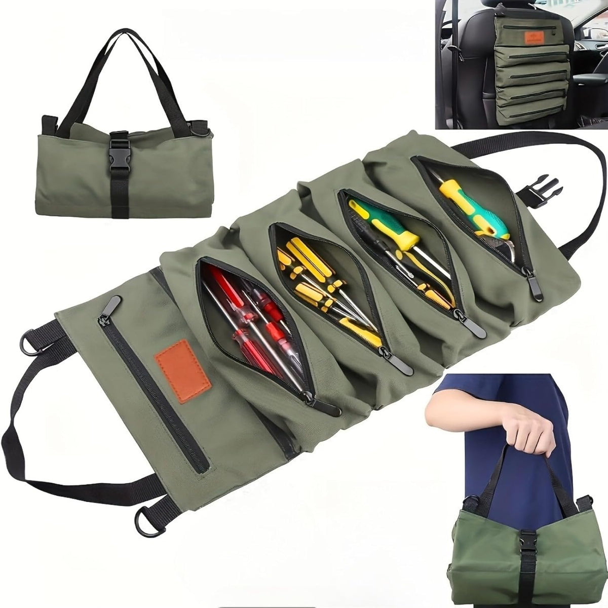 Multi-Pocket Tool Roll Organizer Pouch with 5 Zipper Tool Pockets