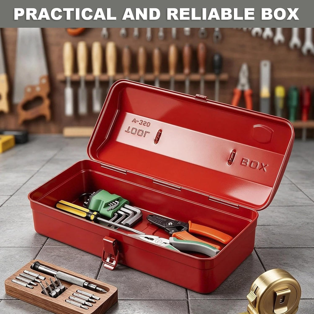 Metal Tool Storage Box with Handle, 14-Inch Lockable Organizer with Lid, Professional Steel Hardware Organiser for Garage, Suitable for Wrenches Screwdrivers Home DIY Garage Garden Red 36x15x11.5cm