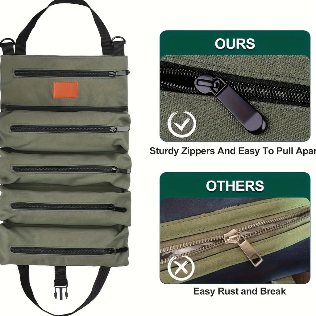 Multi-Pocket Tool Roll Organizer Pouch with 5 Zipper Tool Pockets