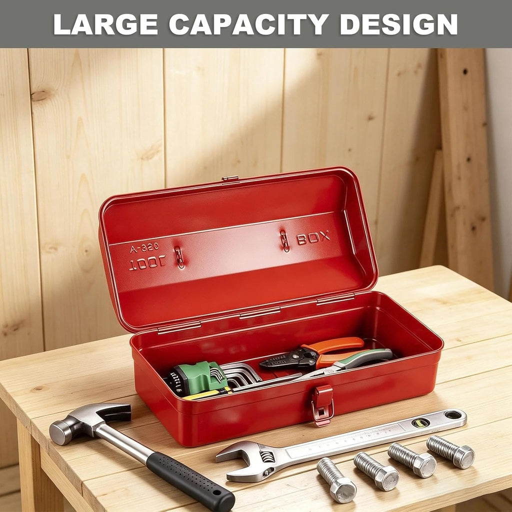 Metal Tool Storage Box with Handle, 14-Inch Lockable Organizer with Lid, Professional Steel Hardware Organiser for Garage, Suitable for Wrenches Screwdrivers Home DIY Garage Garden Red 36x15x11.5cm