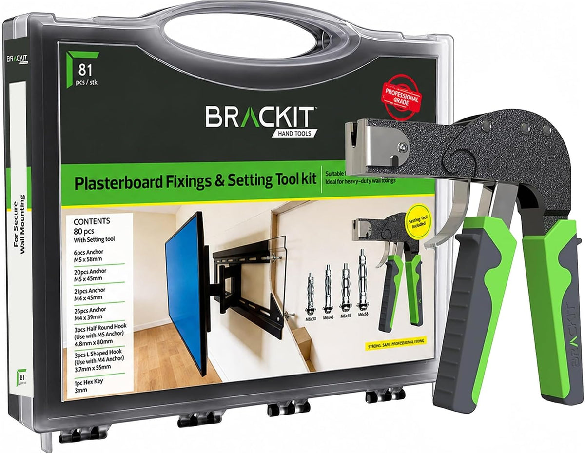 Brackit Plasterboard Fixing 88 Piece Wall Anchor Setting Tool Kit - in Carry Case with Instructions – for Cavity, Drywall & and Wall Mounting Includes Wall Hooks