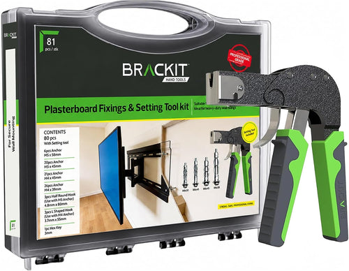 Brackit Plasterboard Fixing 88 Piece Wall Anchor Setting Tool Kit - in Carry Case with Instructions – for Cavity, Drywall & and Wall Mounting Includes Wall Hooks