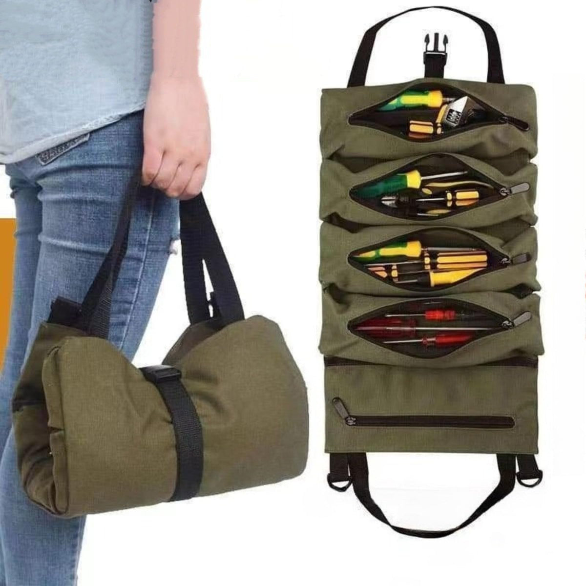 Multi-Pocket Tool Roll Organizer Pouch with 5 Zipper Tool Pockets