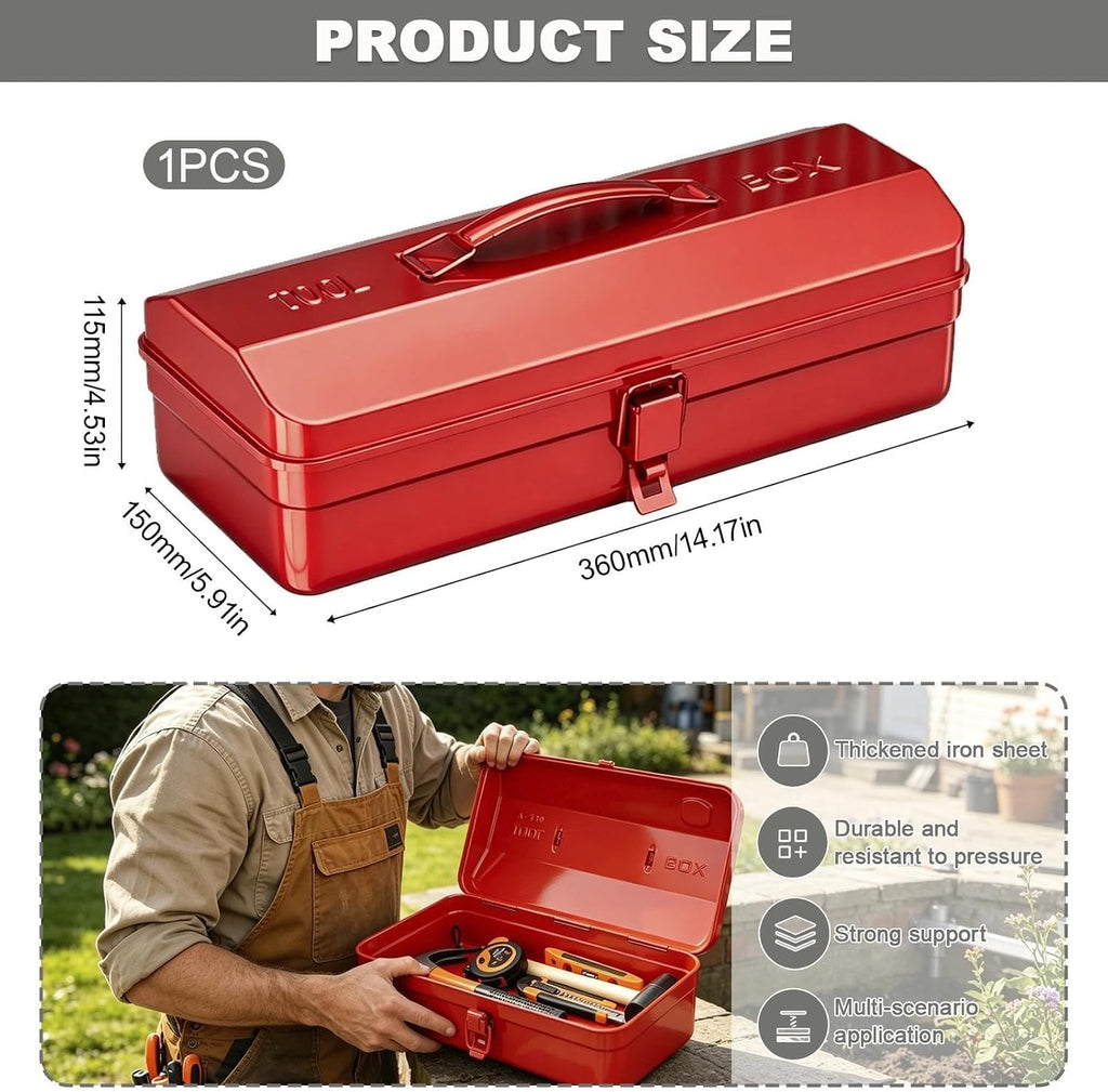 Metal Tool Storage Box with Handle, 14-Inch Lockable Organizer with Lid, Professional Steel Hardware Organiser for Garage, Suitable for Wrenches Screwdrivers Home DIY Garage Garden Red 36x15x11.5cm