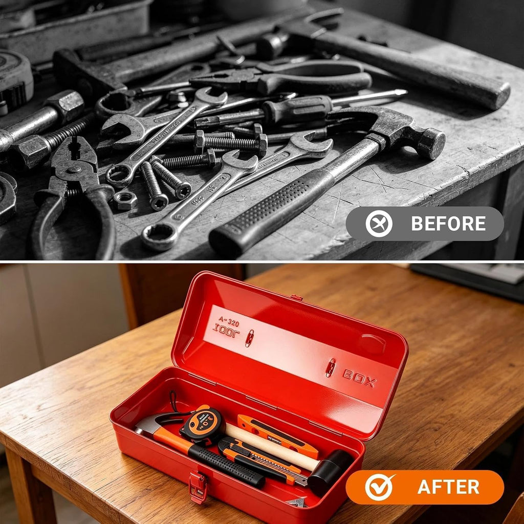 Metal Tool Storage Box with Handle, 14-Inch Lockable Organizer with Lid, Professional Steel Hardware Organiser for Garage, Suitable for Wrenches Screwdrivers Home DIY Garage Garden Red 36x15x11.5cm